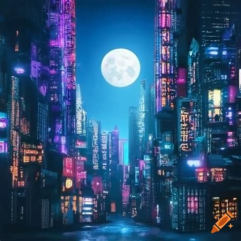 Cyberpunk cityscape with neon lights and a giant moon on Craiyon