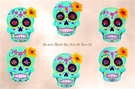 Dia De Los Muertos Blue Skull with Flower Set Graphic by Graphic Genius · Creative Fabrica