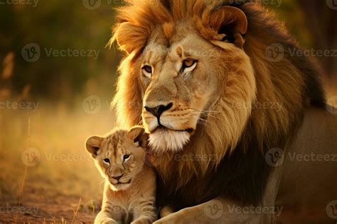 Heartwarming Bond Between Male Lion and Cub Male Lion Nurturing Its Adorable Cub. Generative By ...