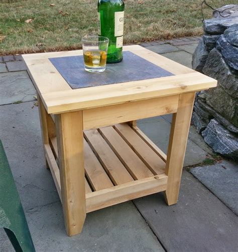 Handmade Cedar Patio Side Table with a Tile Inlay