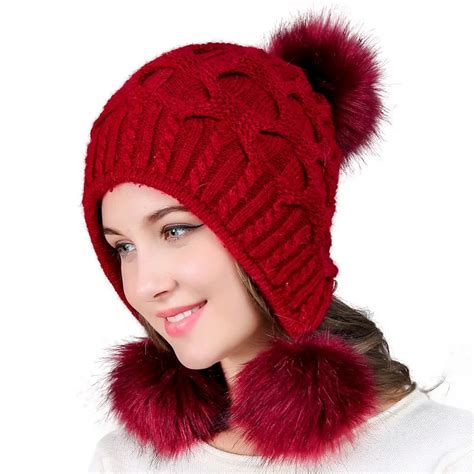 Women's Winter Hat Chunky Knit Double Pom Pom Beanies Cap Faux Fur ...