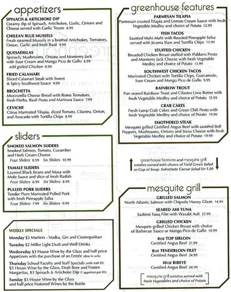 Menu at GreenHouse Restaurant, Denton