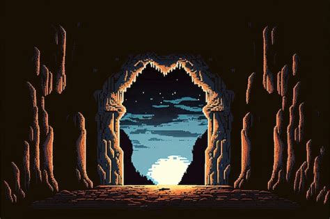 Premium AI Image | Pixel art cave entrance natural tunnel landscape in retro style for 8 bit game AI