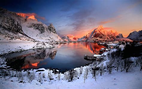 Wallpaper Norway sunset winter, snow, houses, lake, mountains 1920x1200 ...