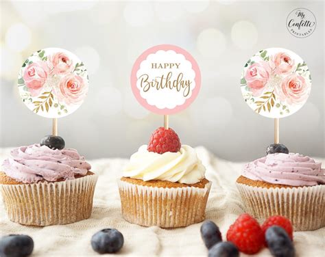 HAPPY BIRTHDAY BOUQUET 2 Round Printable Sticker-Birthday Cupcake Toppers,Girl Happy Birthday ...