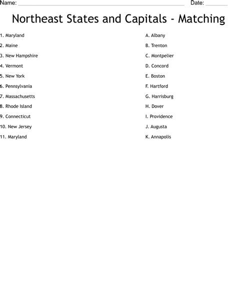 Northeast States And Capitals Quiz Printable