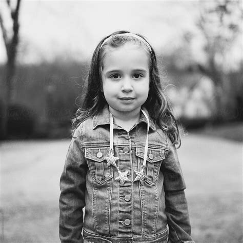 "Black And White Portrait Of A Beautiful Young Girl In A Denim Jacket ...