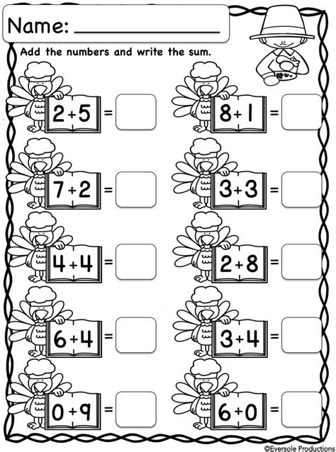 Thanksgiving Addition - Adding Within 10 | Kindergarten math worksheets addition, Kindergarten ...