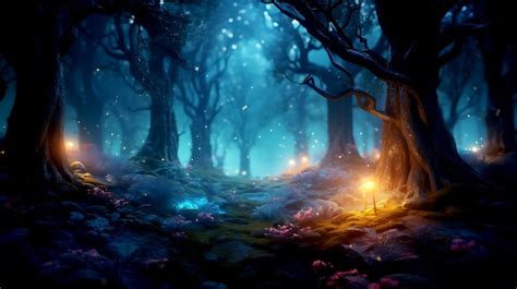 Premium AI Image | Mystical magical forest at night with glowing lights