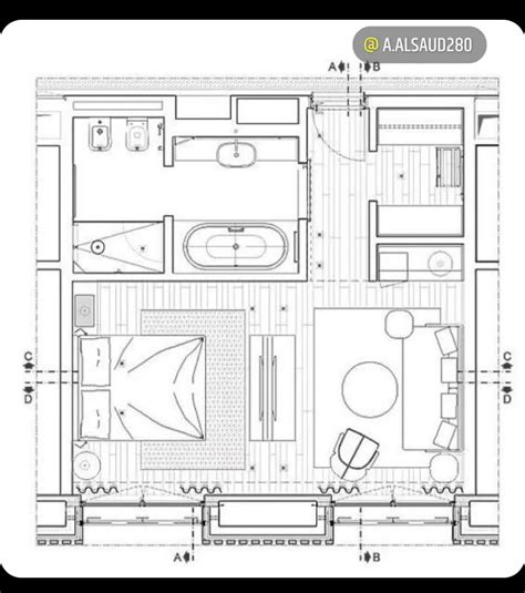 a drawing of a floor plan for a bedroom and living room with an ...