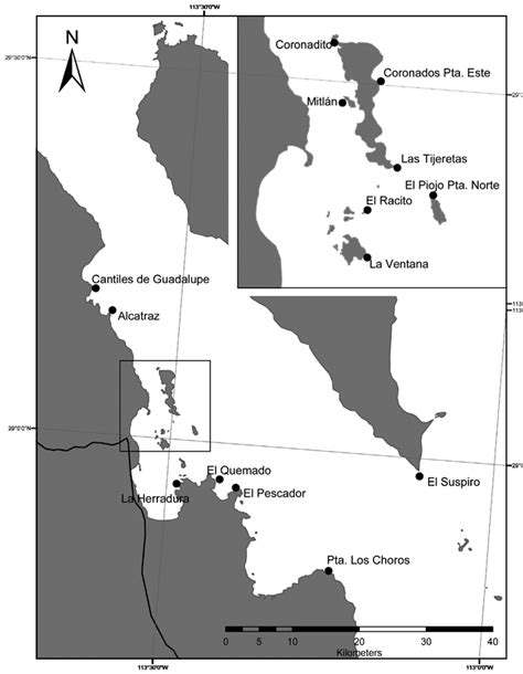 Mapa del área de la región de Bahía de los Ángeles, indicando los 14... | Download Scientific ...