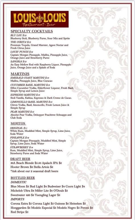 Menu at Louis Louis restaurant, Santa Rosa Beach