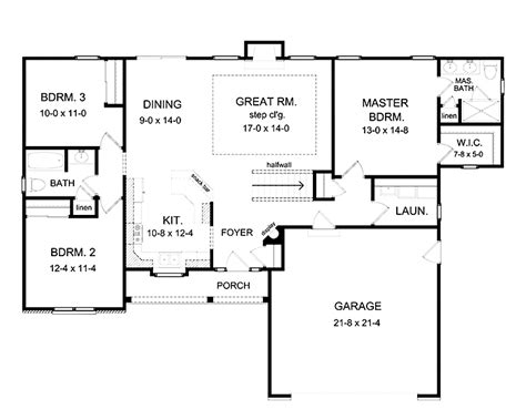 open floor plan: 3-Bedroom Ranch Floor Plans | Floor Plans AFLFPW75216 - 1 Story Ranch Home with ...