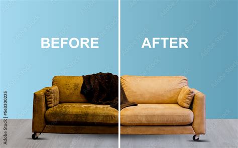 Before and after cleaning sofa. Blue soft sofa dirt. dirty half and ...