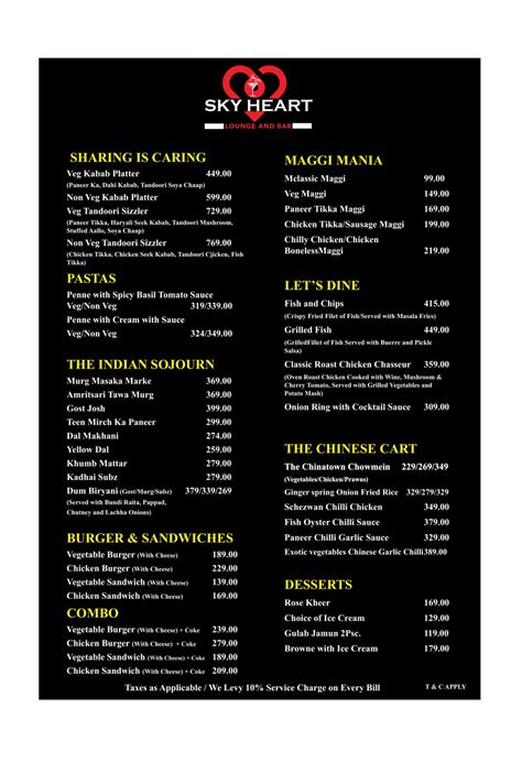 Sky Heart lounge & Bar Menu, Menu for Sky Heart lounge & Bar, Punjabi Bagh, West Delhi, Delhi NCR