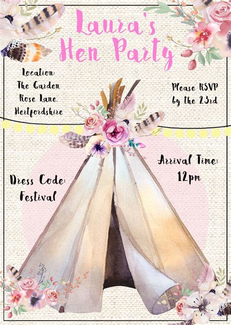 Hen Party Invitation Festival Tipi Theme with flowers and