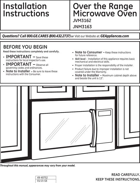 GE JNM3163DJ1BB User Manual MICROWAVE/HOOD COMBO Manuals And Guides ...
