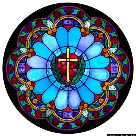 a large stained glass window with a cross on it's center and flowers in ...