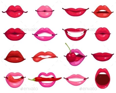 Red and rose kissing and smiling cartoon lips isolated decorative icons ...