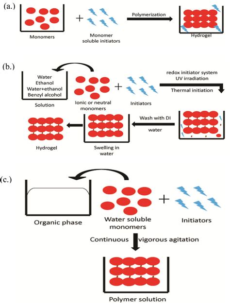 Different polymerization techniques in hydrogel preparation. (a) Bulk... | Download Scientific ...