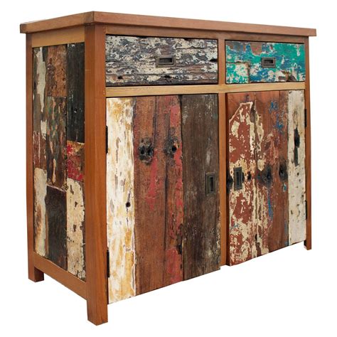 Dimensions: 39W x 18D x 35H in.. Solid reclaimed teak wood construction. Multicolored finish. 2 ...