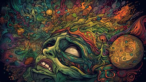 Psychedelic Fantasy Poster Of A Monster Head With Many Colors Background, Trippy Weed Picture ...