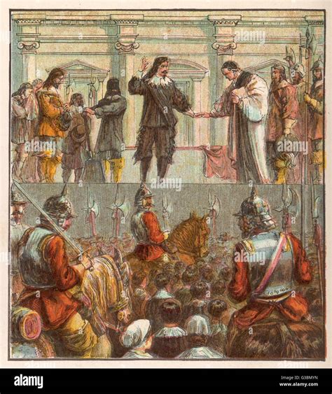 King Charles I prepares for his execution on the scaffold in front of ...