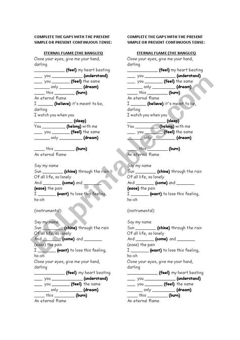 Song Activity - Eternal Flame (The Bangles) - ESL worksheet by PoliDantas