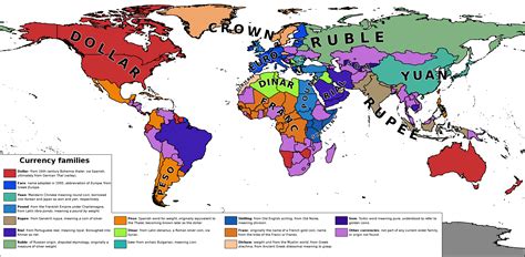 Currencies of the world, grouped by families, according to their names ...