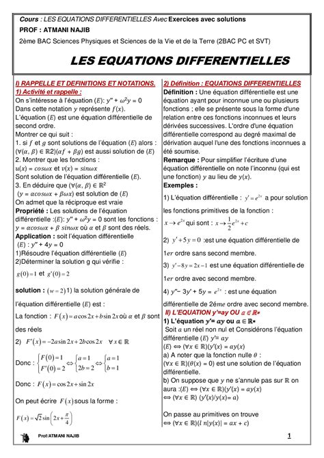 Équations différentielles - Cours et exercices corrigés - AlloSchool