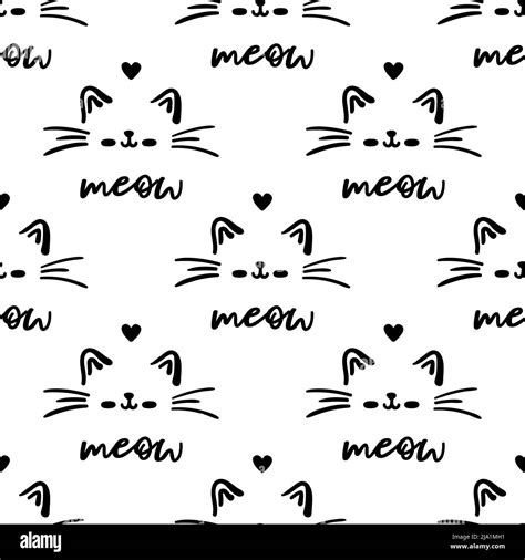 Black cat seamless pattern. Meow and cat paws background vector illustration. Cute cartoon ...