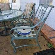 Metal and Glass Patio Table w/5 Heavy Metal Chairs, Umbrella, and Stand ...