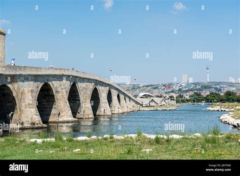 View of Kucukcekmece Mimar Sinan(Architect Sinan)Bridge which was built by Ottoman Architecture ...