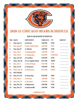 Printable 2020-2021 Chicago Bears Schedule