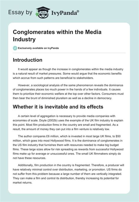 Conglomerates within the Media Industry - 1965 Words | Essay Example