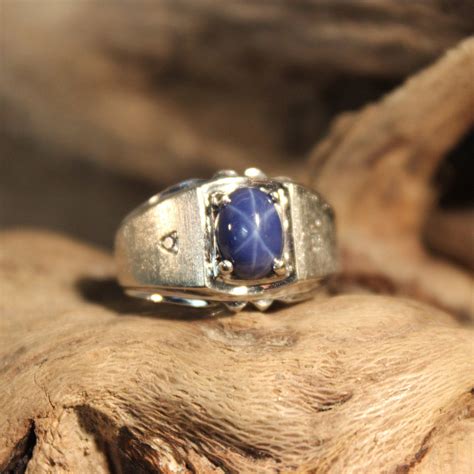 1980's Vintage Blue Star Sapphire & Diamond Ring 10K Gold Mens Ring 4.7 Grams Size 7 Vintage ...