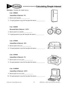 Calculating Simple Interest Worksheet for 6th - 7th Grade | Lesson Planet