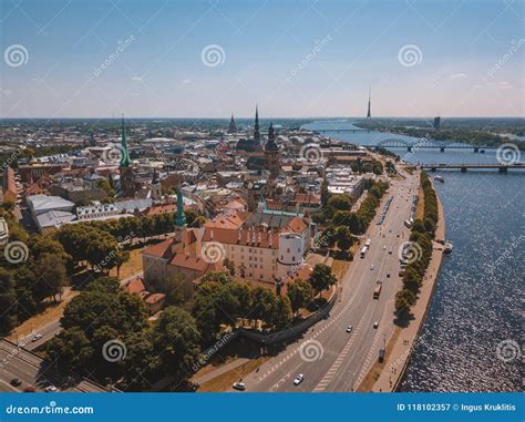 Riga City with Old Town, Bridges and River Daugava Editorial ...