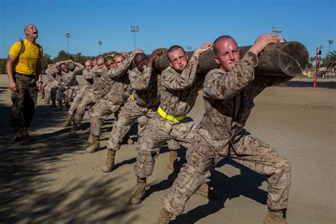 Recruits with Hotel Company, 2nd Recruit Training Battalion, carry logs ...