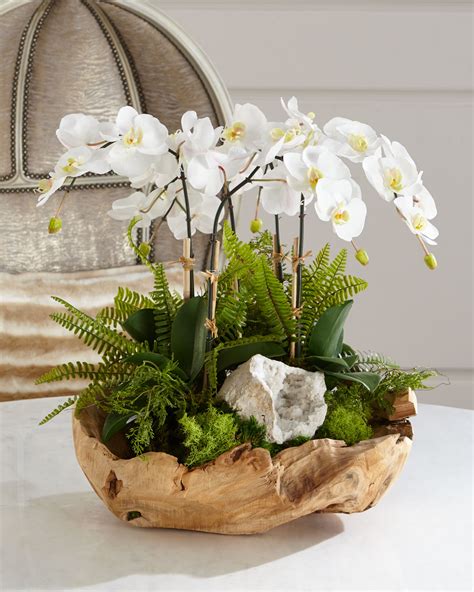 T&C Floral Company White Orchid Faux-Floral Arrangement in Wooden Bowl | Neiman Marcus