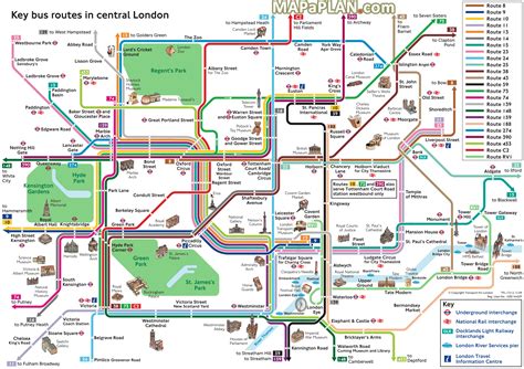 London maps - Key bus routes by tourist attractions in central London ...