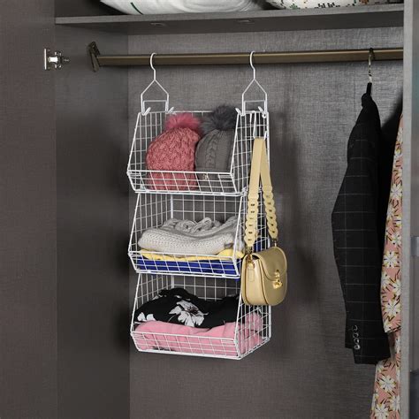 X-cosrack 3 Tier Foldable Closet Organizer, Clothes Shelves with 5 S Hooks, Wall Mount&Cabinet ...