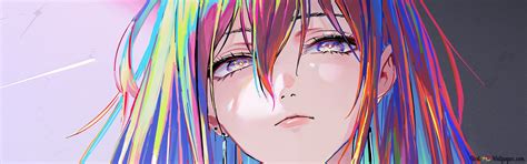 Artistic anime girl with rainbow colored hair 4K wallpaper download