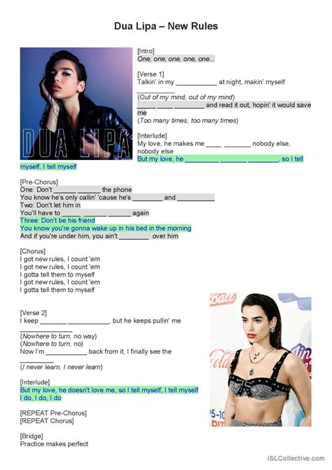 Dua Lipa, New Rules song and nursery…: English ESL worksheets pdf & doc