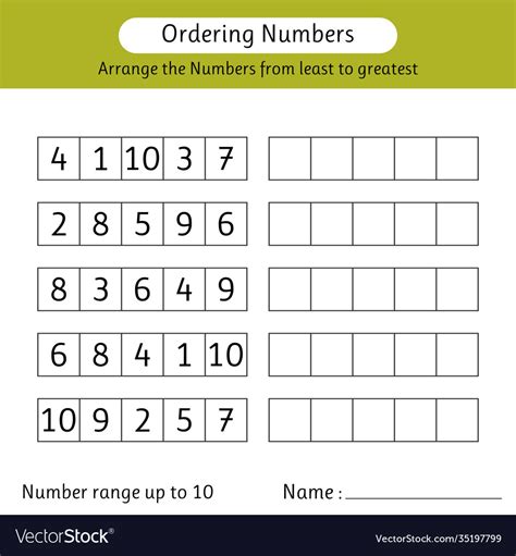 Ordering numbers worksheet arrange Royalty Free Vector Image