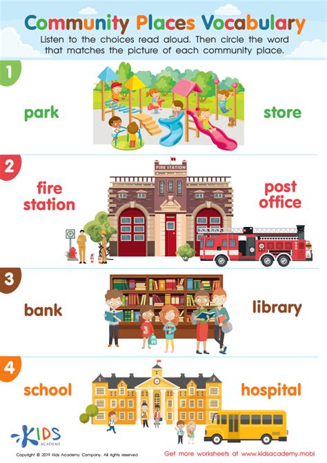 Community Places Vocabulary Worksheet for kids