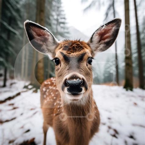 Beautiful Picture of a Young Deer in a Snowy Forest stock photo | Creative Fabrica