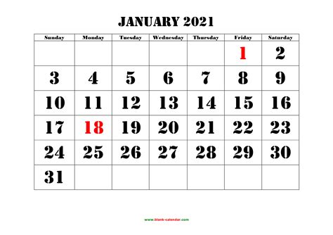 20+ January 2021 Calendar Big Numbers - Free Download Printable ...