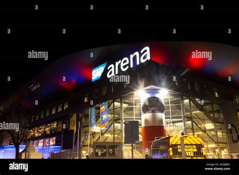 Night shot of the brightly lit SAP Arena in Mannheim during a home game of Adler Mannheim, the ...