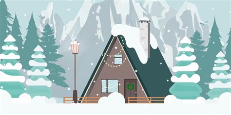 House in a snowy forest. Christmas trees, mountains, snow. Flat cartoon style. Vector ...